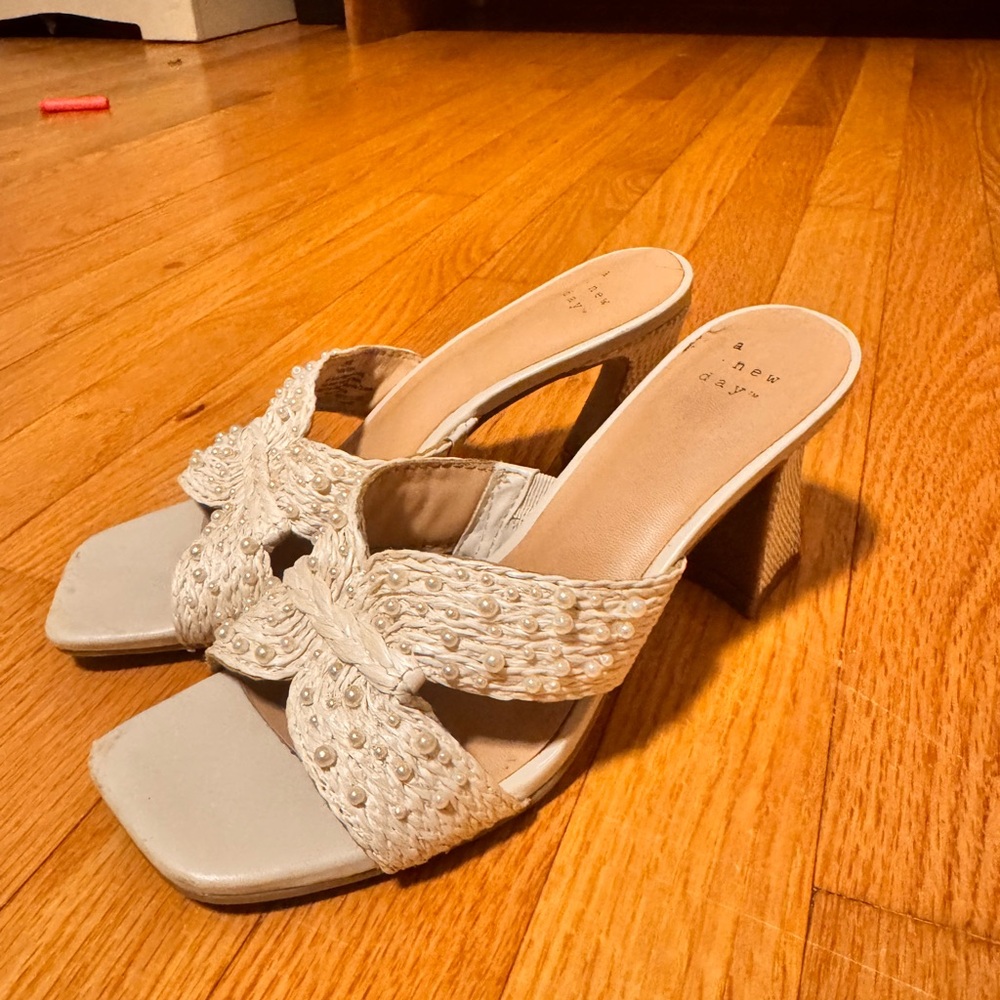 A New Day Cream Braided Pearl Block Heel Sandals